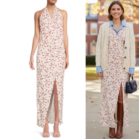 NEW Free People Daria Ivory Printed Sleeveless Halter Slit Maxi Dress T-Back LG - Picture 1 of 11